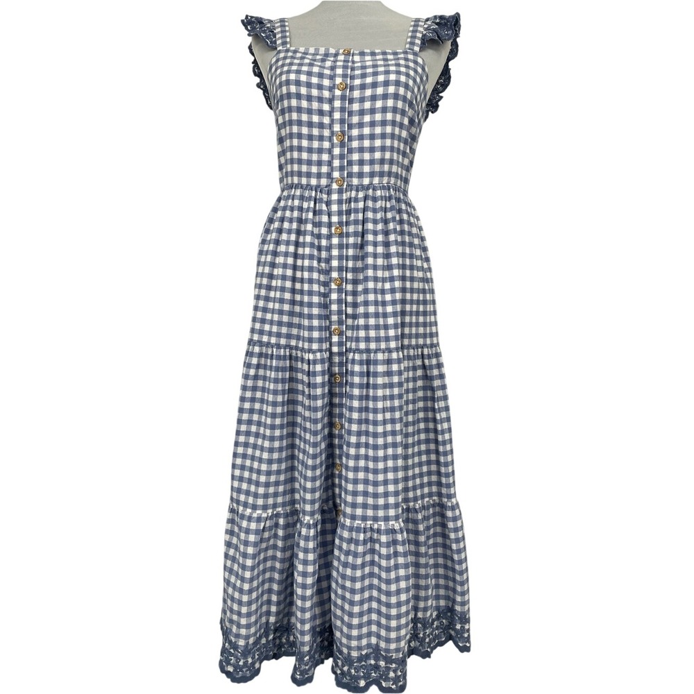 Shabby Chic Blue White Gingham Button-Front Maxi Dress Size 10 Cottage County